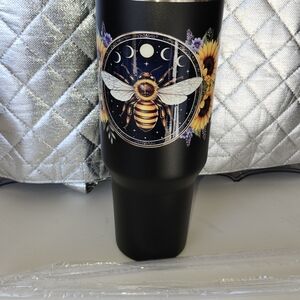 Hand Crafted Black Tumbler with Bee and Sunflower, Moon Phase Design NEW